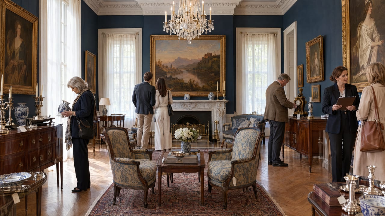 Visitors browsing an elegant estate sale in a grand navy salon with a crystal chandelier, gilded paintings and fine antiques.