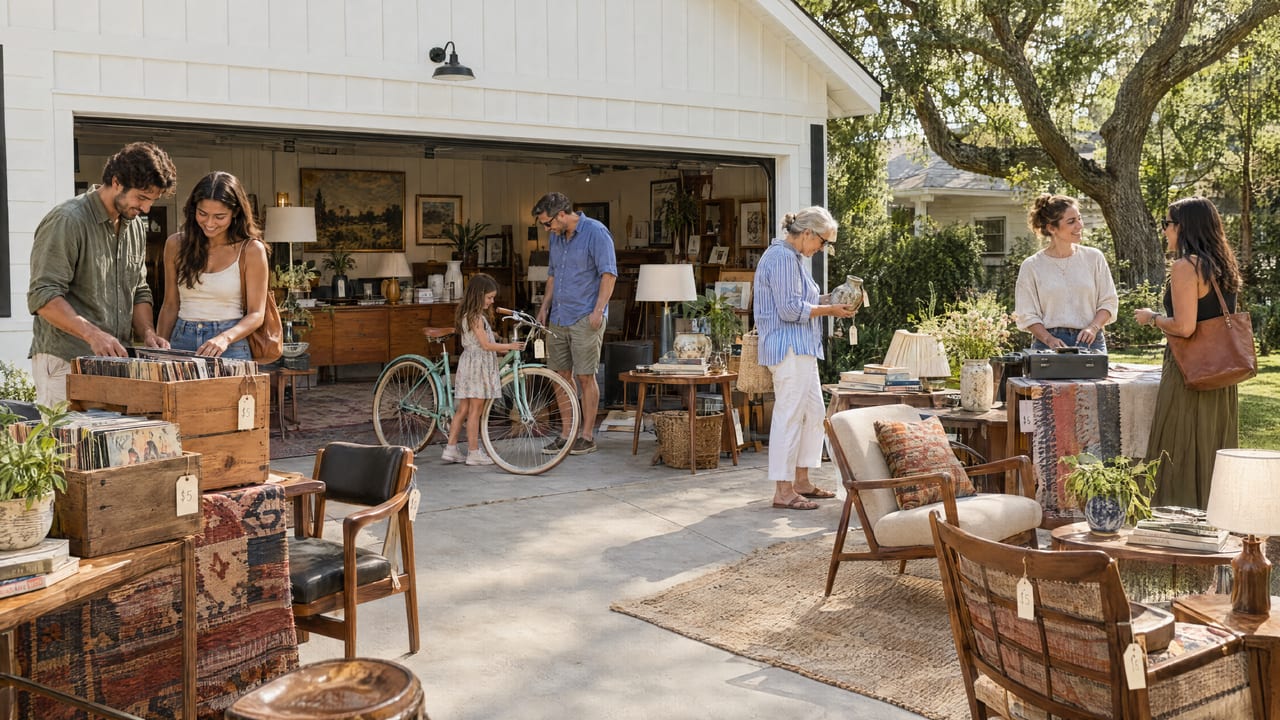 Neighbors browsing a sunny garage sale: a couple flipping through records, a girl admiring a mint-green bicycle, and shoppers chatting over vintage finds.